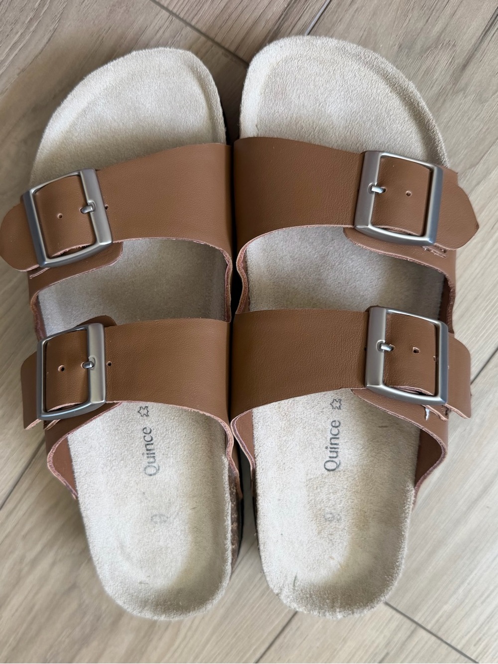 Quince Nappa Leather Brown Double-Buckle Slide Sandals with Silver Hardware Sz 9